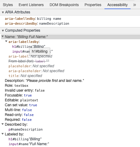 Outils de développeur Chrome montrant un nom de champs accessible depuis aria-labelledby et décrit avec aria-describedby
